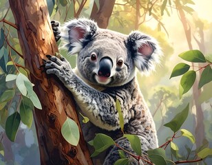 A fluffy koala bear sits in a tree, peering at the viewer