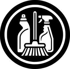 Minimalist black-white cleaner set icon with clean lines, no shading, isolated on white. Simple, modern, scalable, ideal for service logos or digital use.
