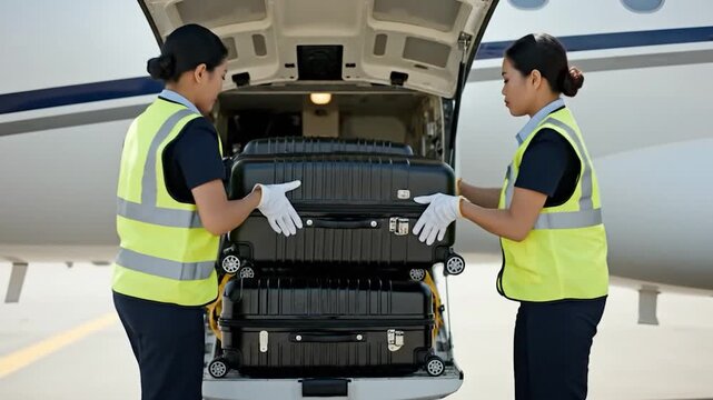 Efficient luxury travel as crew loads luggage onto private jet for exclusive getaway, promising seamless journeys and premium experiences