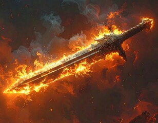 A fantasy sword engulfed in flames, floating in smoky atmosphere