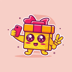 happy gift box character mascot taking a selfie with a smartphone isolated cartoon 