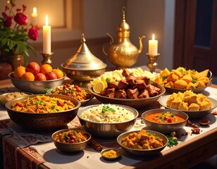 A festive table laden with various dishes, lit by candles and light