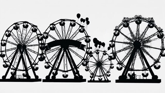 Silhouette ferris wheels with ribbon banner against white background