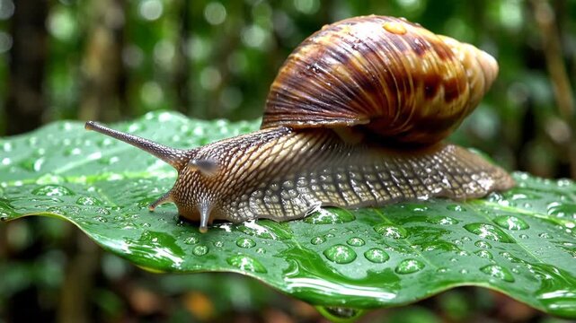 Close-up of a garden snail on a lush green leaf after a rain shower, showcasing its textured shell and delicate antennae