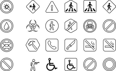Black and White Safety Icons Set for Public Warning, Prohibition, Accessibility, Hazard, Navigation, and Informational Signage Design Use