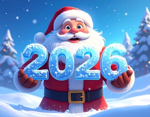 Animated Santa Claus holding ice-textured numbers for the year 2026
