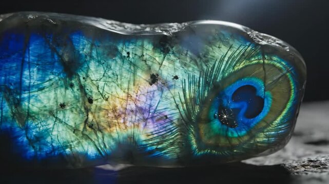 A labradorite gemstone displaying iridescent peacock-like hues with shimmering blue and green flashes on a dark surface