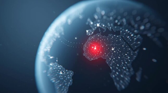 Glowing digital globe map with red network hotspot showing illuminated earth city lights and global data activity
