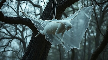 A spectral creature with canvas-like skin suspended between trees, embodying evolutionary enigmas.