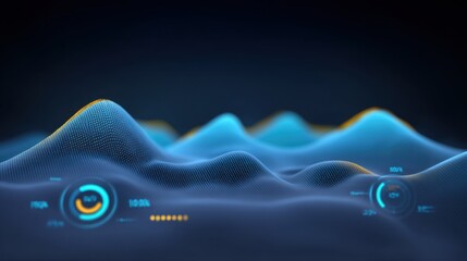 Abstract 3D Visualization of Digital Waves with Futuristic Interfaces and Graphical Elements in Cool Tones for Technology and Design Themes