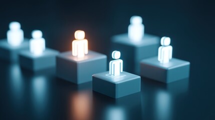 Abstract representation of diverse team members with glowing icons on podiums in a futuristic setting, emphasizing collaboration and growth potential