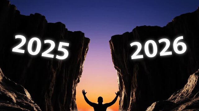 Silhouette overcoming obstacle reaching year 2026 between two cliffs