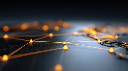 Abstract Technology Background with Connected Network Nodes and Geometric Patterns Highlighting Global Connectivity in Dark Tones