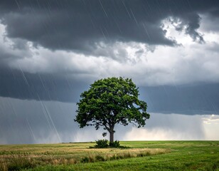 A solitary tree standing in a field under a stormy sky with rain