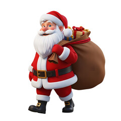 Obraz premium Jolly Santa Claus Carrying a Large Sack of Gifts on a White Background