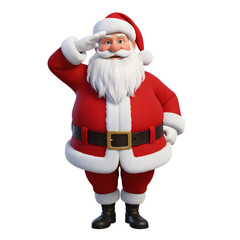 A cheerful, plump Santa Claus in his iconic red suit, complete with a white beard and hat, giving a crisp salute