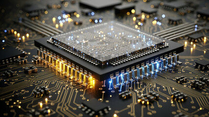 A macro shot of a blue circuit board reveals intricate digital circuitry and various electronic components, including a microchip processor for data processing technology