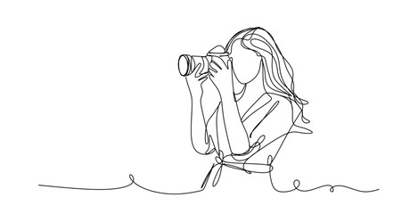 Continuous line drawing of a woman holding a camera up to her face taking a photograph in black and white