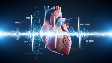 Human heart anatomy with digital interface and touchscreen concept