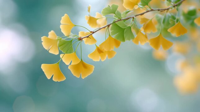 Golden ginkgo leaf branch with yellow green fan shaped foliage in peaceful nature scene with soft sunlight bokeh