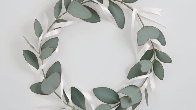 A simple, minimalist wreath made of stylized grey-green eucalyptus leaves and thin white ribbon