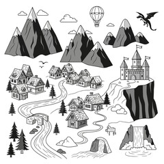 Enchanting fantasy world map with majestic mountains, charming village, soaring dragon, and medieval castle, perfect for storybooks and game design © rohmat