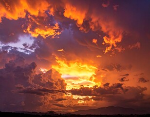 Fiery orange clouds illuminate a vibrant sunset over silhouetted land