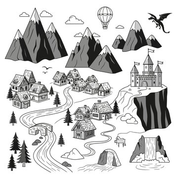 Enchanting fantasy world map with majestic mountains, charming village, soaring dragon, and medieval castle, perfect for storybooks and game design