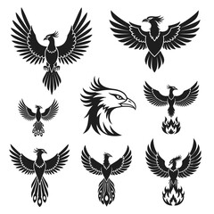 Majestic phoenix rising collection, symbolic rebirth and transformation, powerful designs for logos and branding, evoke strength and resilience, vector creation