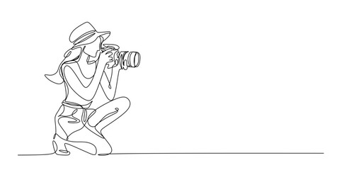 Continuous line drawing of a woman holding a camera up to her face taking a photograph in black and white
