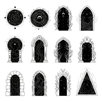 Celestial Portals Collection: Mystical space windows and doorways, perfect for fantasy art, spiritual designs, and magical illustrations. Vector art elements included