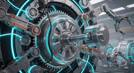 Fototapeta premium Futuristic technological assembly line with robotic arms constructing a piston engine