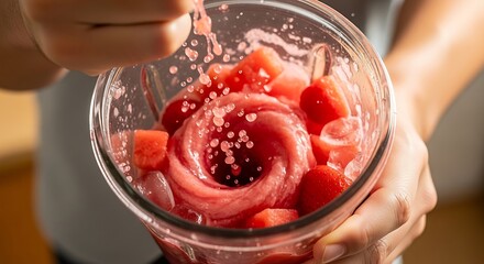Refreshing summer beverage preparation blending watermelon and strawberry