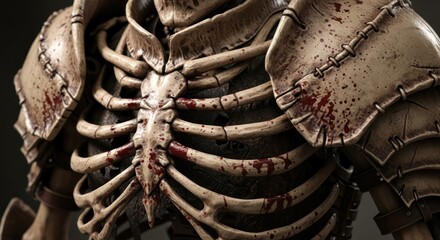 Macabre warrior skeleton torso with weathered armor and blood splatter details
