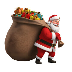 Santa Claus carrying a sack full of colorful gift boxes, celebrating the holiday season