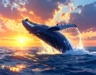 A majestic whale leaps from the ocean, bathed in golden sunlight