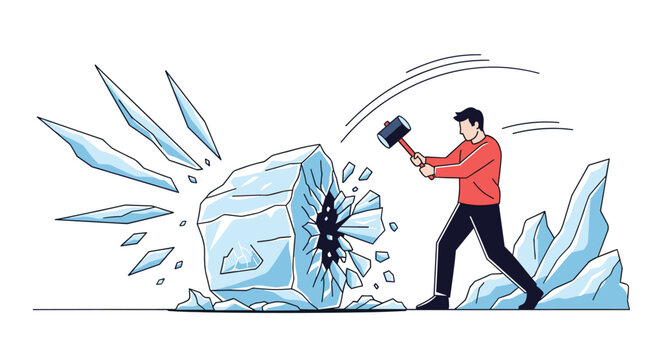 Dynamic illustration of a man in a red sweater using a large sledgehammer to break a massive block of ice into sharp shards.