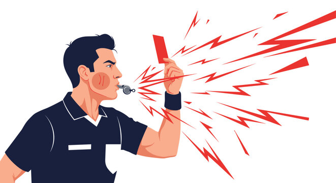 Serious soccer referee blowing a whistle and holding up a red card to issue a penalty, with dynamic action lines in the background.