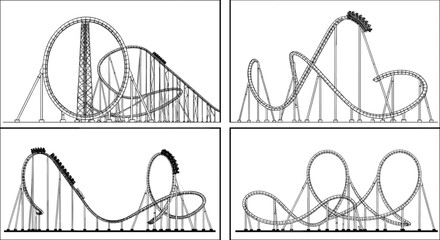 Black and white line art illustrations of four different roller coaster designs amusement park theme park © Shamimara creative 