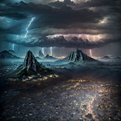 A dramatic and atmospheric view of a city with towering mountains, lightning strikes, and intense clouds above.