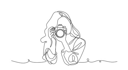 Continuous line drawing of a woman holding a camera up to her face taking a photograph in black and white