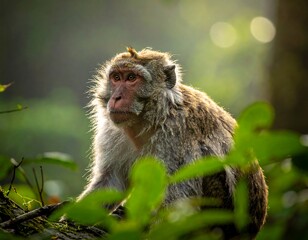 A monkey poses amongst green leaves, bathed in soft, diffused light