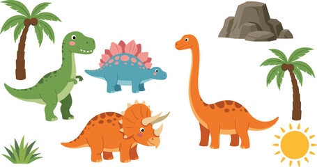Cartoon dinosaurs palm trees rocks sun and grass illustration prehistoric ancient