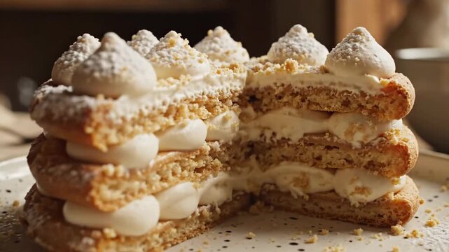 A delicate, layered pastry dessert with creamy filling and powdered sugar topping, presented on a ceramic plate.