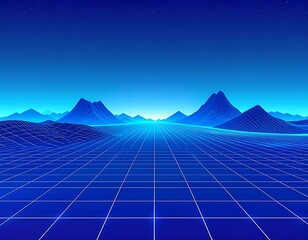 A neon-blue wireframe landscape with mountains under a starry sky