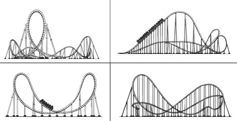 Four black and white line art illustrations of roller coasters with loops and curves amusement park theme park