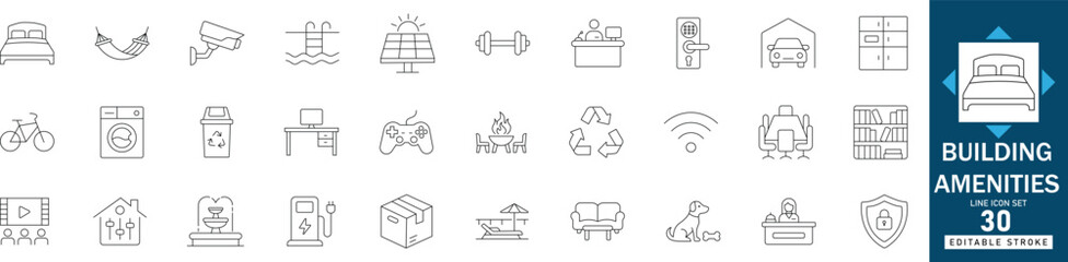 Building amenities line icon set featuring real estate apartment gym, hotel service pool, secure parking garage, and elevator facility vector symbols