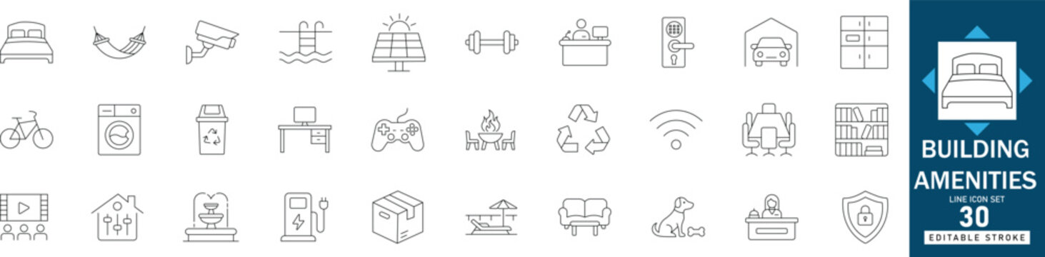 Building amenities line icon set featuring real estate apartment gym, hotel service pool, secure parking garage, and elevator facility vector symbols