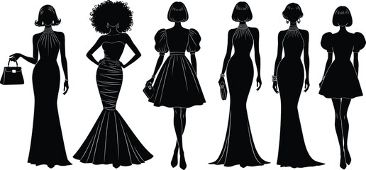 Six black silhouette women in elegant evening gowns and accessories female fashion 1