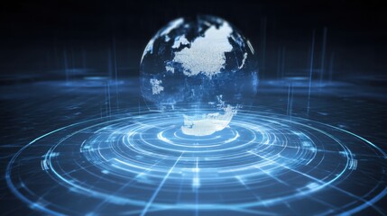 Futuristic Digital Globe with Blue Light Circles Representing Global Connectivity and Technology Visualization